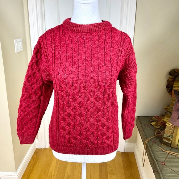 Aran Sweater Market Sweater Wool Red Cable Knit (XL KIDS) - Picture 1 of 8